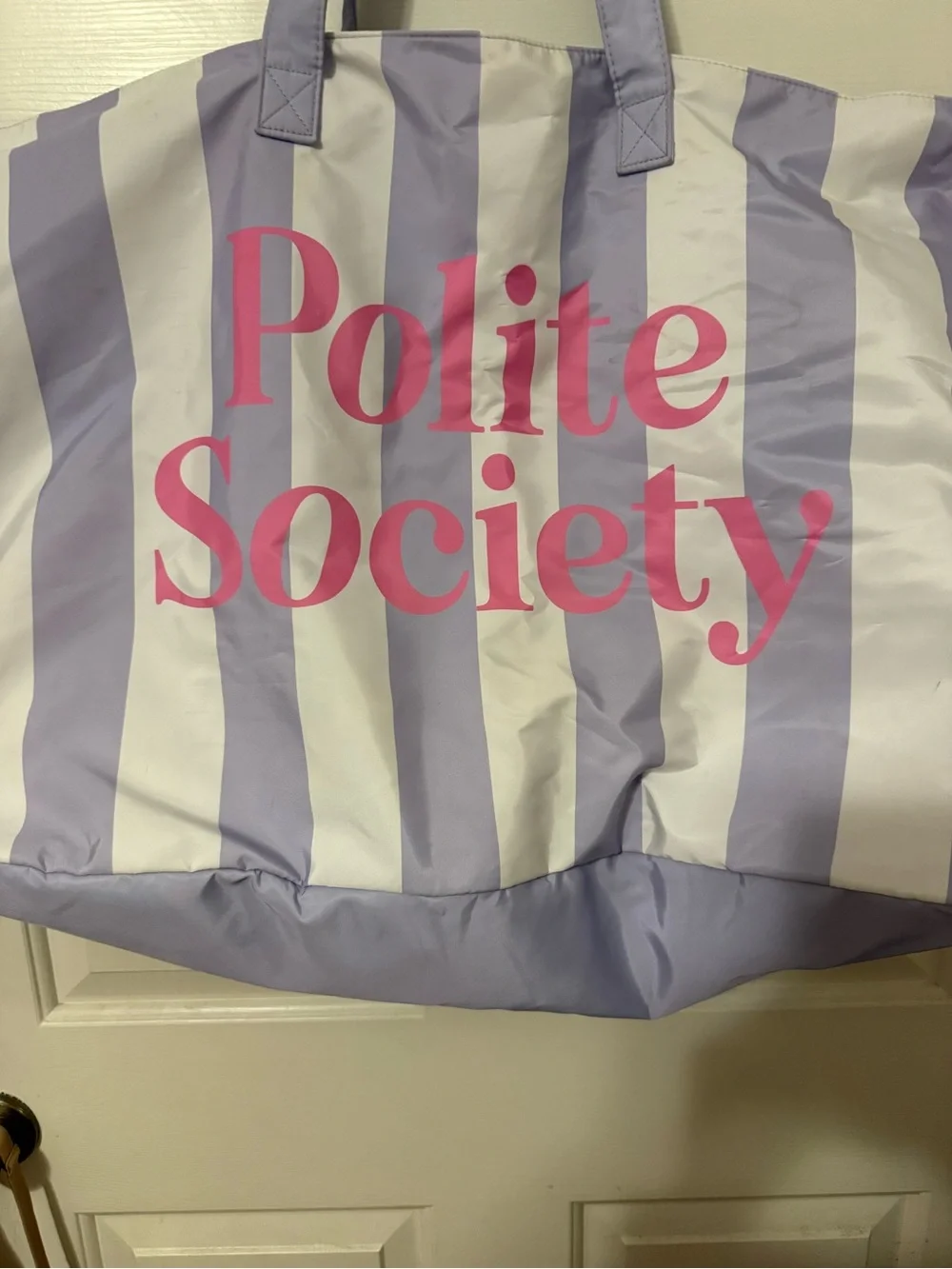 Polite Society Lavender & White Striped Cabana Tote Bag with Pink Logo